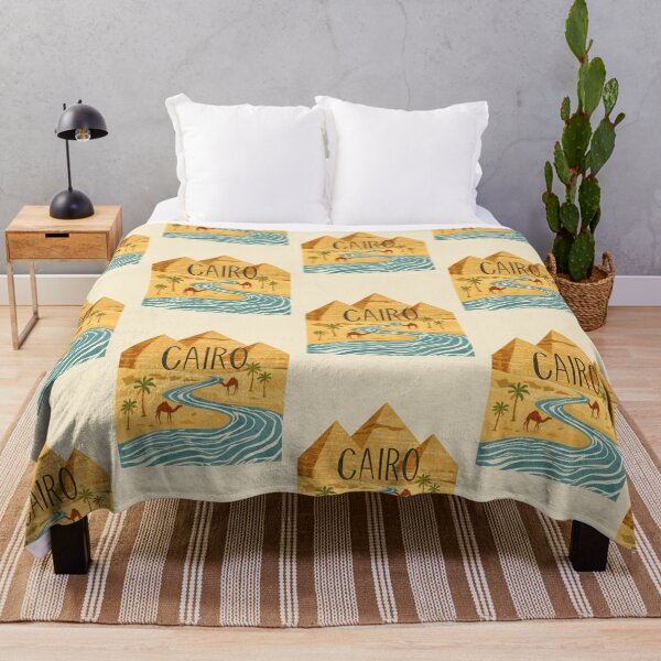 Item preview, Vintage Cairo illustration with pyramids, camels and river in the desert designed and sold by StormArte.