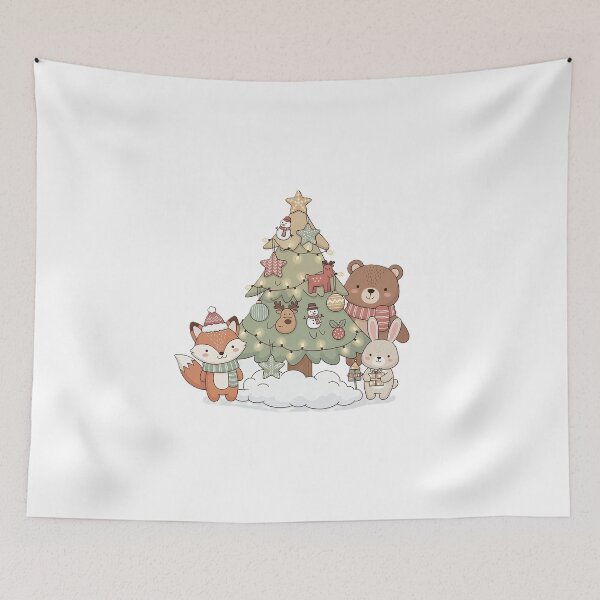 Item preview, Cute Woodland Animals Christmas Tree: Fox, Bear & Bunny in Snow designed and sold by Mido-artister.
