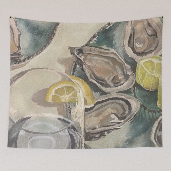 Artikelvorschau, Gouache-Gemälde: Austern und Cocktails entworfen und verkauft von June Clancy.