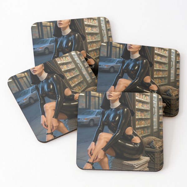 Item preview, Latex nun sits outside bodega with sleeping cat designed and sold by CathryneDelamort.