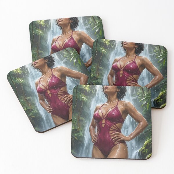 Item preview, Sarah in red monokini wet under jungle waterfall designed and sold by CathryneDelamort.