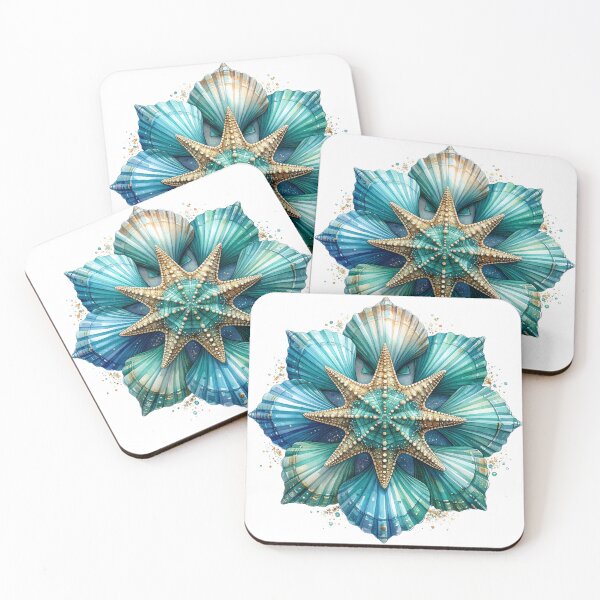 Item preview, Teal Shell Mandala Starfish Watercolor Nautical Composition designed and sold by takeng07.