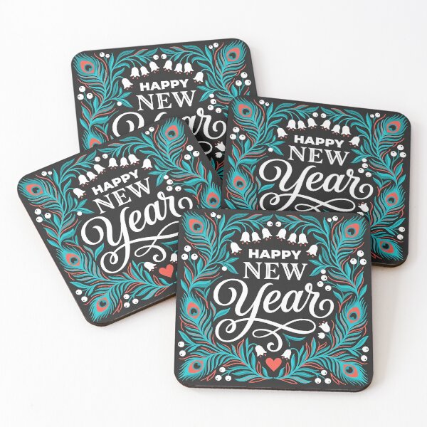 Item preview, Folk Art Peacock Feathers Happy New Year Typography designed and sold by zzz888.