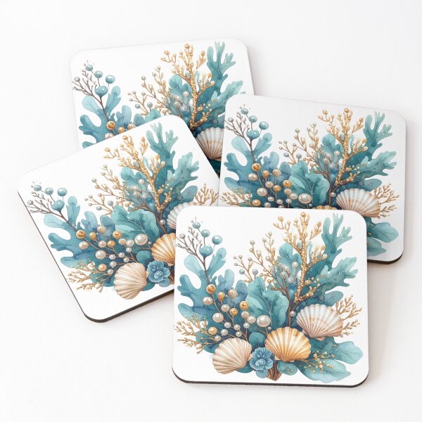 Item preview, Seashell Coral Bouquet Elegant Teal Watercolor Arrangement designed and sold by takeng07.