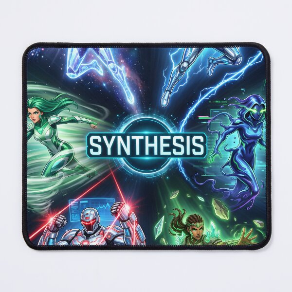 Item preview, SYNTHESIS Superhero Poster | Futuristic Comic Art Inspired by Dispatch | Sci-Fi Superpowers Wall Art | Cyberpunk Hero Team Illustration designed and sold by AbstractAuraArt.