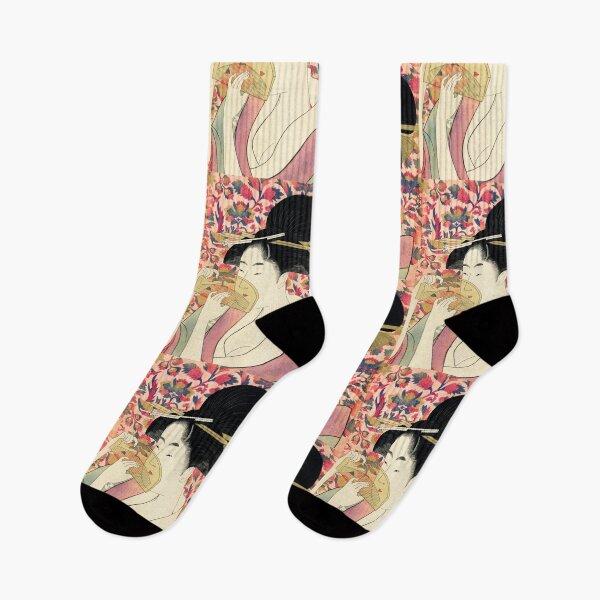 Item preview, Geisha With Fan In Elegant Kimono Against Bright Floral Pattern Background designed and sold by portokalis.
