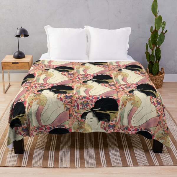 Item preview, Geisha With Fan In Elegant Kimono Against Bright Floral Pattern Background designed and sold by portokalis.