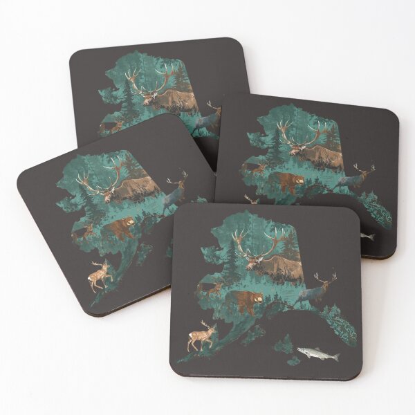 Item preview, Alaska Wildlife Map Art – Elk, Bear & Salmon Silhouette designed and sold by TitanRN.
