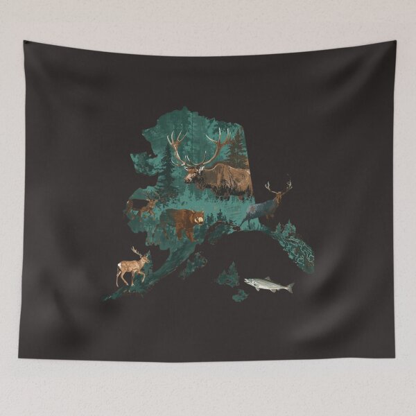 Item preview, Alaska Wildlife Map Art – Elk, Bear & Salmon Silhouette designed and sold by TitanRN.