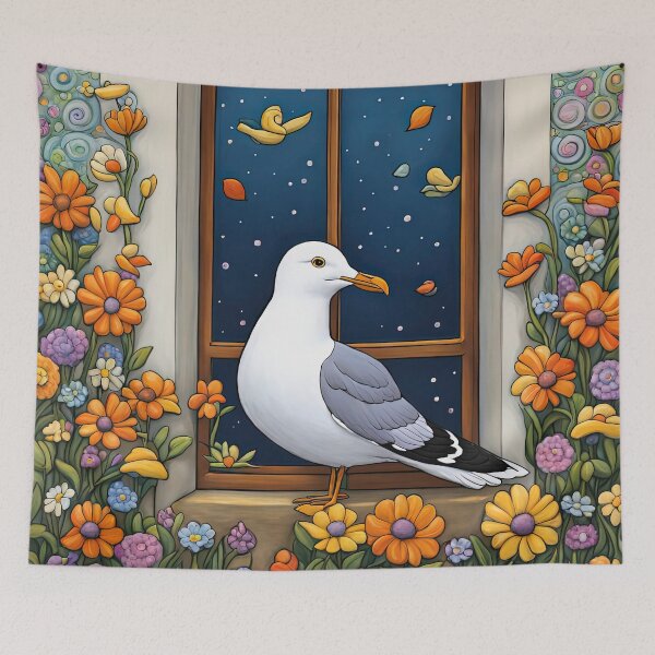 Item preview, Folk Art Seagull smelling flowers in a window box designed and sold by Colin Bentham.