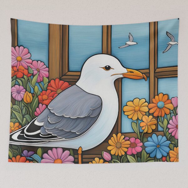 Item preview, Folk Art Seagull smelling flowers in a window box designed and sold by Colin Bentham.