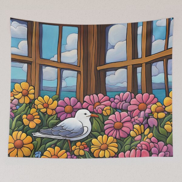 Item preview, Folk Art Seagull smelling flowers in a window box designed and sold by Colin Bentham.