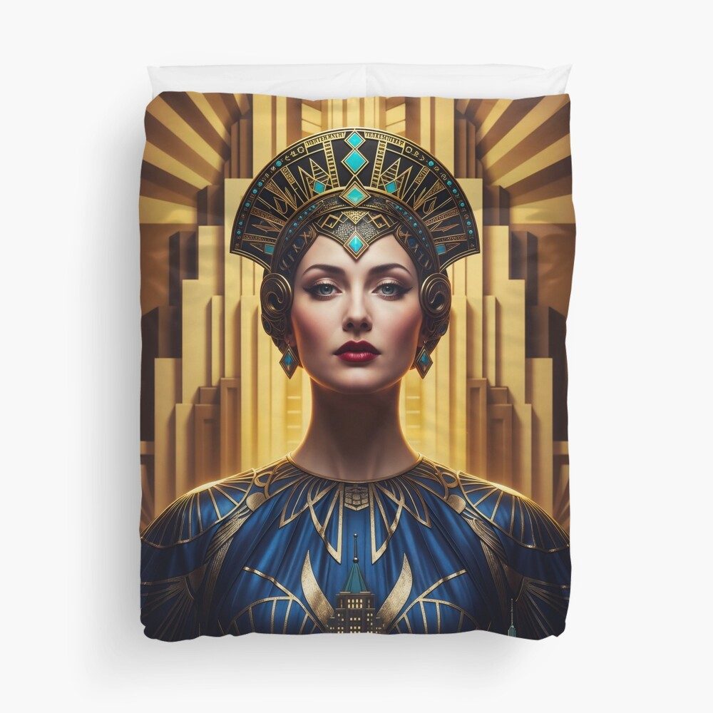 Majestic Portrait Of Rilva Erenia Amidst Golden Architecture Captivating AI Concept Art by Xzendor7 Decorative Art Print Duvet Cover