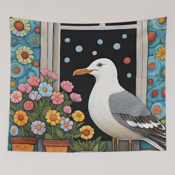 Item preview, Folk Art Seagull smelling flowers in a window box designed and sold by Colin Bentham.