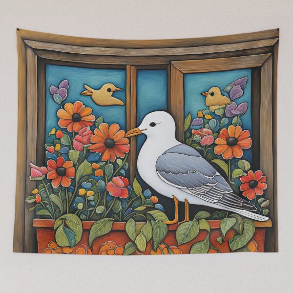 Item preview, Folk Art Seagull smelling flowers in a window box designed and sold by Colin Bentham.