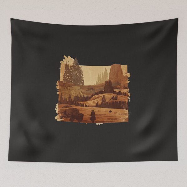 Item preview, Wyoming Western Landscape Art Print - Devils Tower Cowboy & Bison Silhouette designed and sold by TitanRN.