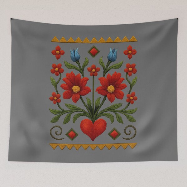 Item preview, Satin Stitch Folk Embroidery – Red Floral Harmony designed and sold by © Zenscape Studio 2025.