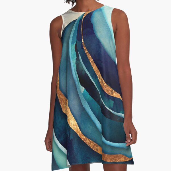 Abstract Blue with Gold A-Line Dress