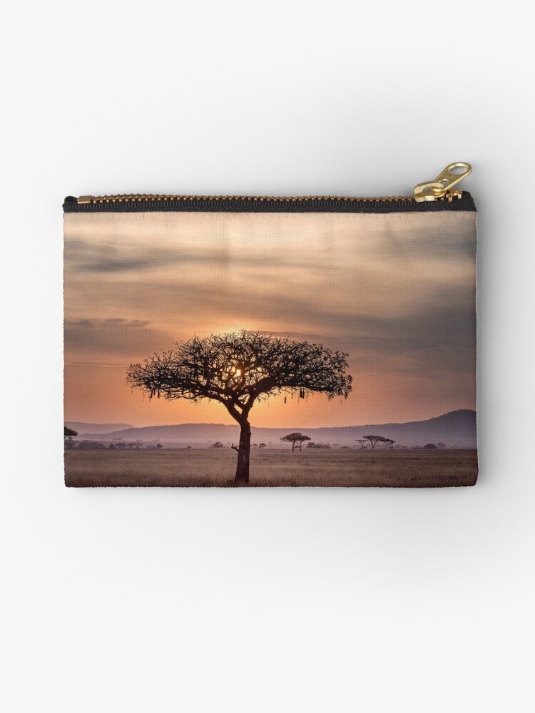 Savanna African Dreamy Landscape Photo Of Nature Red Sunset With Trees And Mountains In The Horizon Warm Colors Tone Red Orange Dawn Zipper Pouch By