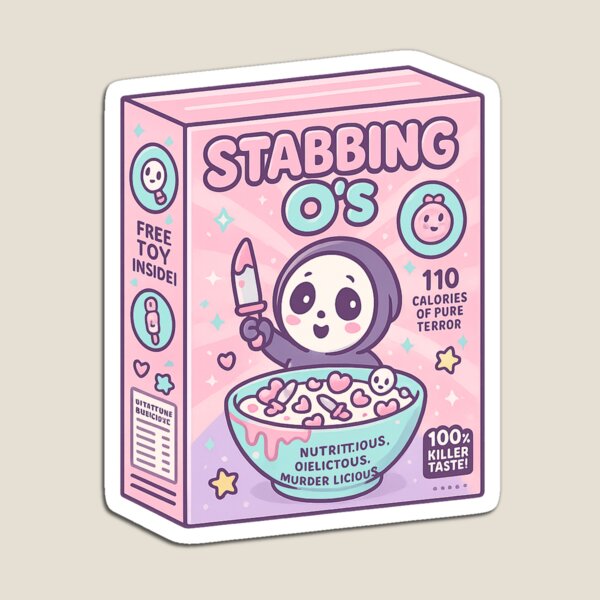 Aperçu de l'œuvre Boîte de céréales « Poignardage O’s » – Kawaii Pastel Serial Killer créée et vendue par FandomFunStudio.