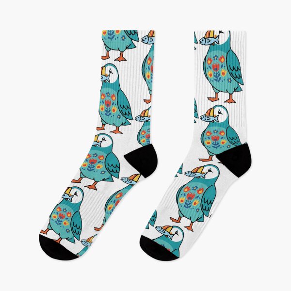 Item preview, Cute Patterned Puffin Holding a Fish - Scandinavian Folk Art by heidiannemorris © designed and sold by FOLK ART FUSION by heidiannemorris.