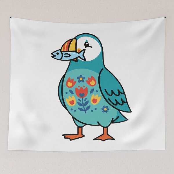 Item preview, Cute Patterned Puffin Holding a Fish - Scandinavian Folk Art by heidiannemorris © designed and sold by FOLK ART FUSION by heidiannemorris.
