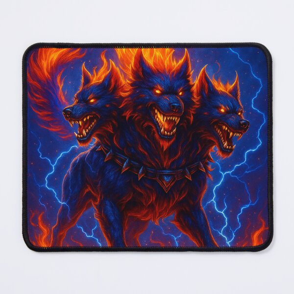 Item preview, Neon Hellfire Cerberus – Three Headed Mythical Beast | Electric Flame Fantasy Art designed and sold by GoldenDreamGallery.
