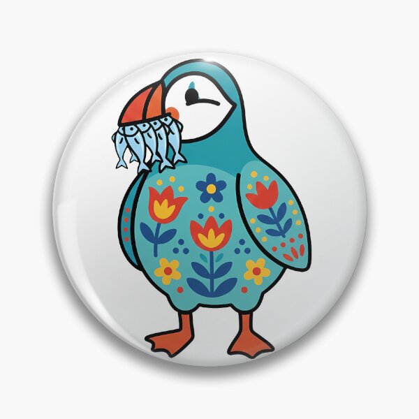 Item preview, Cute Patterned Puffin Holding Fishes - Scandinavian Folk Art by heidiannemorris © designed and sold by FOLK ART FUSION by heidiannemorris.