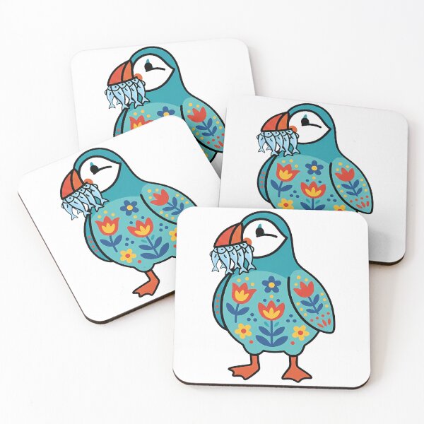 Item preview, Cute Patterned Puffin Holding Fishes - Scandinavian Folk Art by heidiannemorris © designed and sold by FOLK ART FUSION by heidiannemorris.
