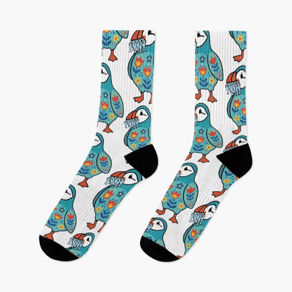 Item preview, Cute Patterned Puffin Holding Fishes - Scandinavian Folk Art by heidiannemorris © designed and sold by FOLK ART FUSION by heidiannemorris.