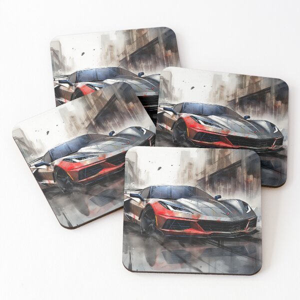 Item preview, Red and black Chevrolet C8 Corvette Stingray sports car on a busy road at dusk designed and sold by Jerhus.