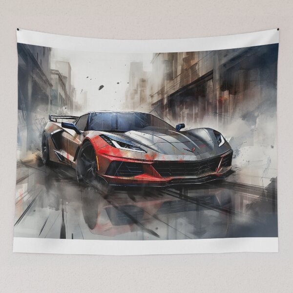 Item preview, Red and black Chevrolet C8 Corvette Stingray sports car on a busy road at dusk designed and sold by Jerhus.