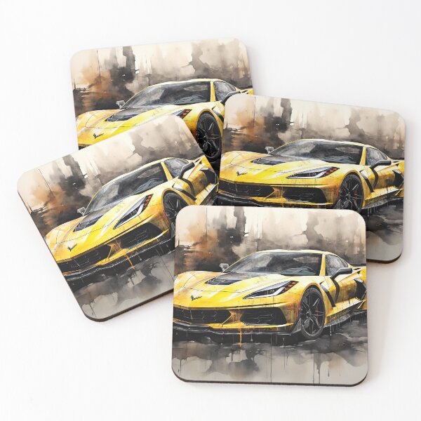 Item preview, A bright yellow Chevrolet C8 Corvette Stingray sports car against an artistic background, capturing speed and elegance at dusk designed and sold by Jerhus.