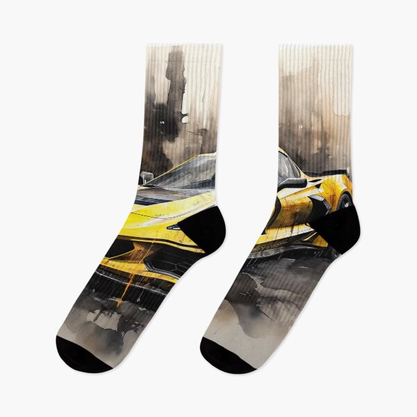 Item preview, A bright yellow Chevrolet C8 Corvette Stingray sports car against an artistic background, capturing speed and elegance at dusk designed and sold by Jerhus.