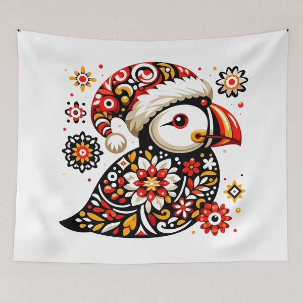 Item preview, Cute Festive Patterned Puffin - Scandinavian Folk Art by heidiannemorris © designed and sold by FOLK ART FUSION by heidiannemorris.