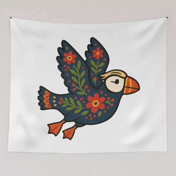Item preview, Cute Flying Patterned Puffin - Scandinavian Folk Art by heidiannemorris © designed and sold by FOLK ART FUSION by heidiannemorris.