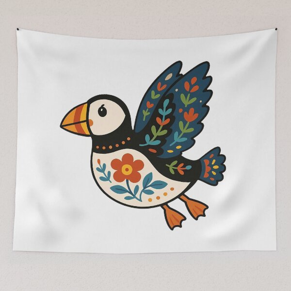 Item preview, Cute Flying Patterned Puffin - Scandinavian Folk Art by heidiannemorris © designed and sold by FOLK ART FUSION by heidiannemorris.
