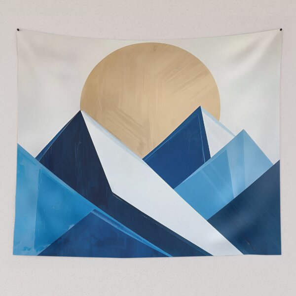 Item preview, Modern Geometric Mountain Art – Abstract Blue Peaks with Golden Sun designed and sold by SimplyJasper.