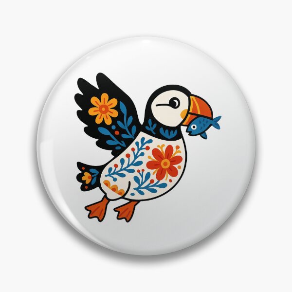 Item preview, Cute Flying Patterned Puffin Carrying a Fish - Scandinavian Folk Art by heidiannemorris © designed and sold by FOLK ART FUSION by heidiannemorris.