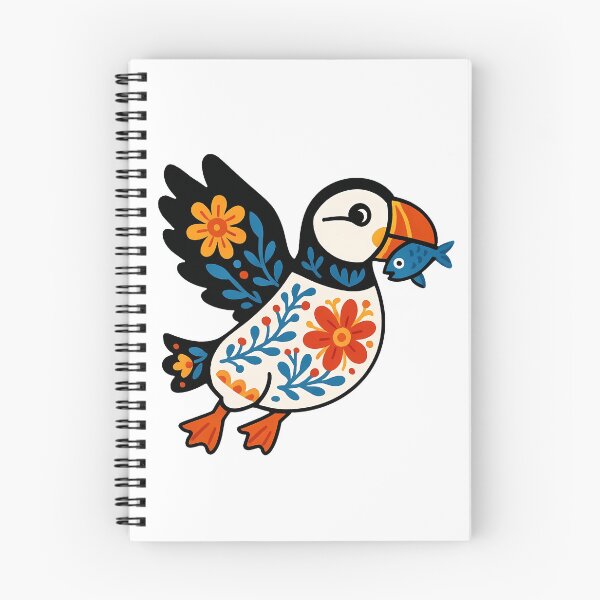 Item preview, Cute Flying Patterned Puffin Carrying a Fish - Scandinavian Folk Art by heidiannemorris © designed and sold by FOLK ART FUSION by heidiannemorris.