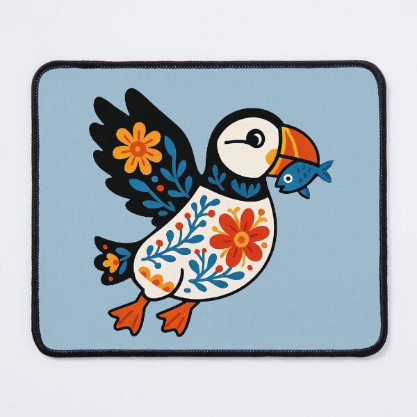 Item preview, Cute Flying Patterned Puffin Carrying a Fish - Scandinavian Folk Art by heidiannemorris © designed and sold by FOLK ART FUSION by heidiannemorris.