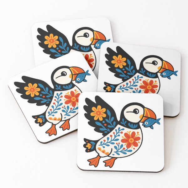 Item preview, Cute Flying Patterned Puffin Carrying a Fish - Scandinavian Folk Art by heidiannemorris © designed and sold by FOLK ART FUSION by heidiannemorris.