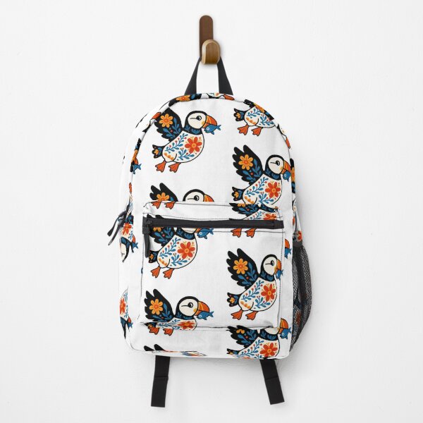 Item preview, Cute Flying Patterned Puffin Carrying a Fish - Scandinavian Folk Art by heidiannemorris © designed and sold by FOLK ART FUSION by heidiannemorris.