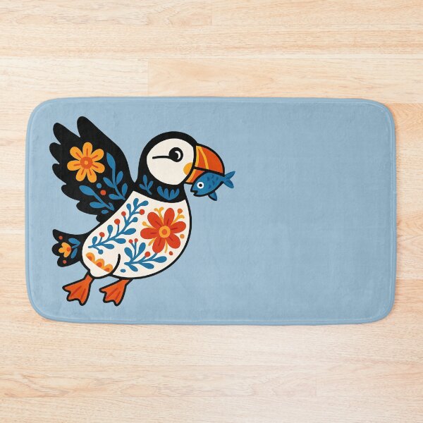 Item preview, Cute Flying Patterned Puffin Carrying a Fish - Scandinavian Folk Art by heidiannemorris © designed and sold by FOLK ART FUSION by heidiannemorris.