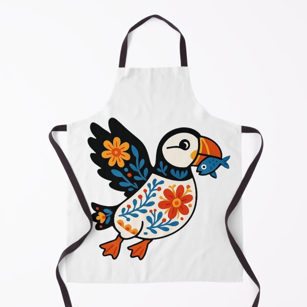 Item preview, Cute Flying Patterned Puffin Carrying a Fish - Scandinavian Folk Art by heidiannemorris © designed and sold by FOLK ART FUSION by heidiannemorris.