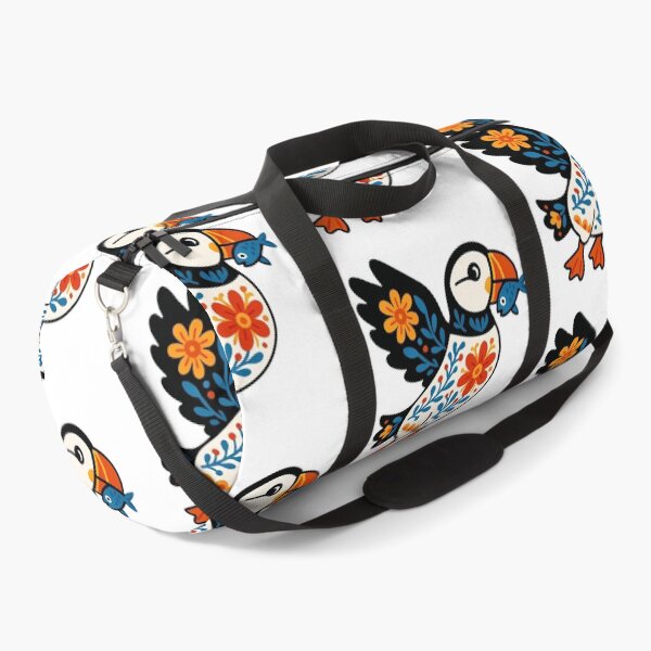 Item preview, Cute Flying Patterned Puffin Carrying a Fish - Scandinavian Folk Art by heidiannemorris © designed and sold by FOLK ART FUSION.