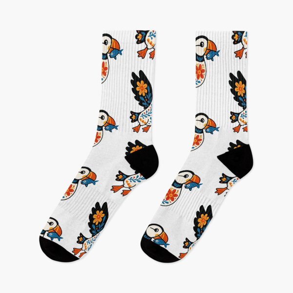 Item preview, Cute Flying Patterned Puffin Carrying a Fish - Scandinavian Folk Art by heidiannemorris © designed and sold by FOLK ART FUSION by heidiannemorris.