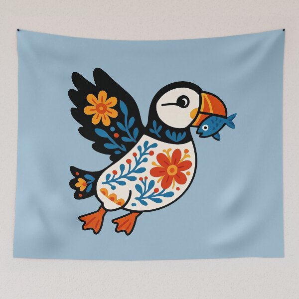 Item preview, Cute Flying Patterned Puffin Carrying a Fish - Scandinavian Folk Art by heidiannemorris © designed and sold by FOLK ART FUSION by heidiannemorris.