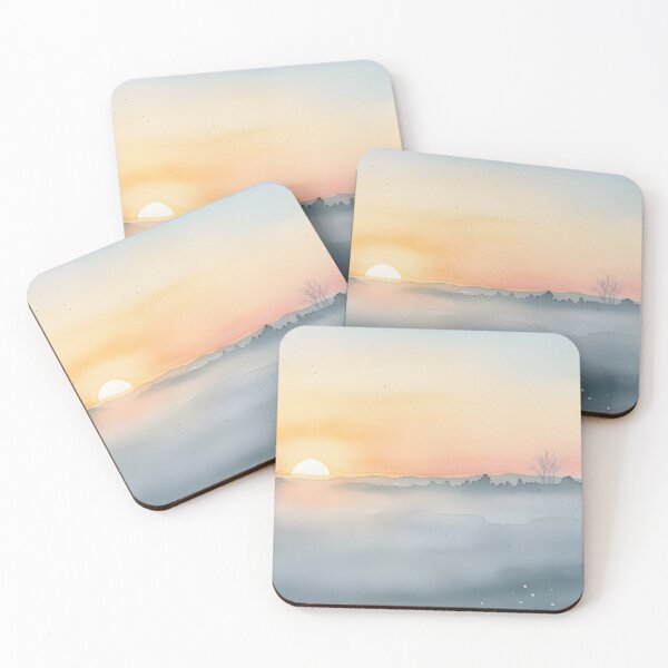 Item preview, Sunrise over a misty mountain valley in watercolor designed and sold by homydesign.