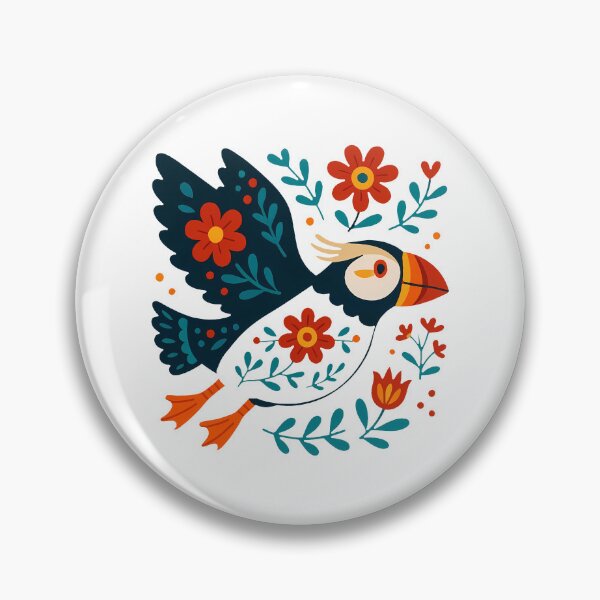 Item preview, Cute Flying Patterned Puffin with Flowers - Scandinavian Folk Art by heidiannemorris © designed and sold by FOLK ART FUSION by heidiannemorris.